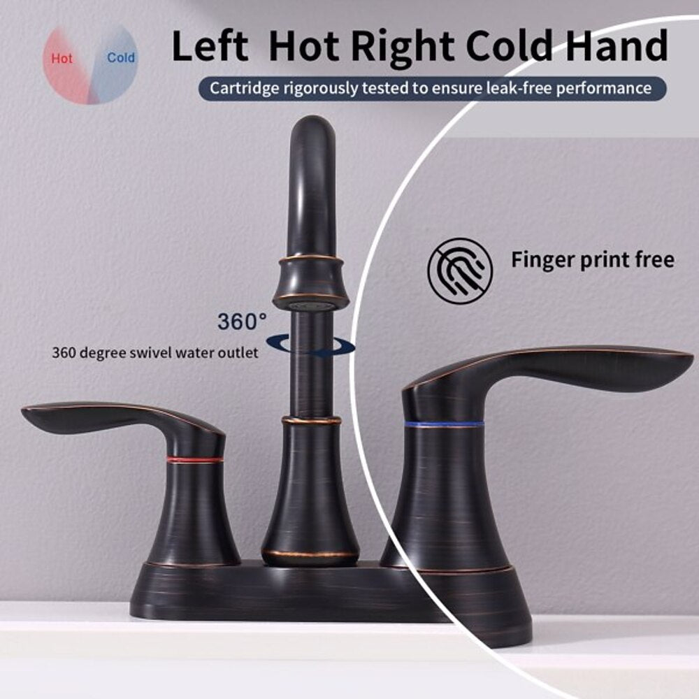 360-Degree Swivel High Arc Bathroom Faucet, 4-Inch Centerset Dual-Handle Vanity Faucet with Pop-Up Drain, Oil-Rubbed Bronze / Brushed Nickel