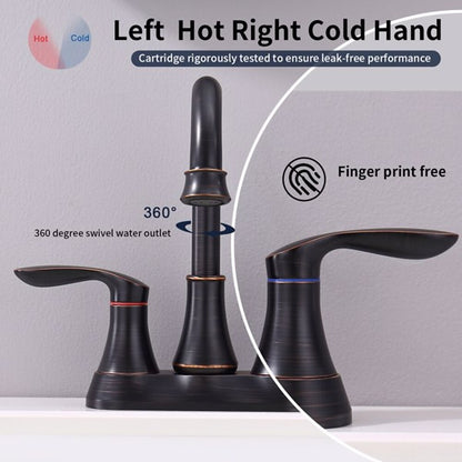 360-Degree Swivel High Arc Bathroom Faucet, 4-Inch Centerset Dual-Handle Vanity Faucet with Pop-Up Drain, Oil-Rubbed Bronze / Brushed Nickel
