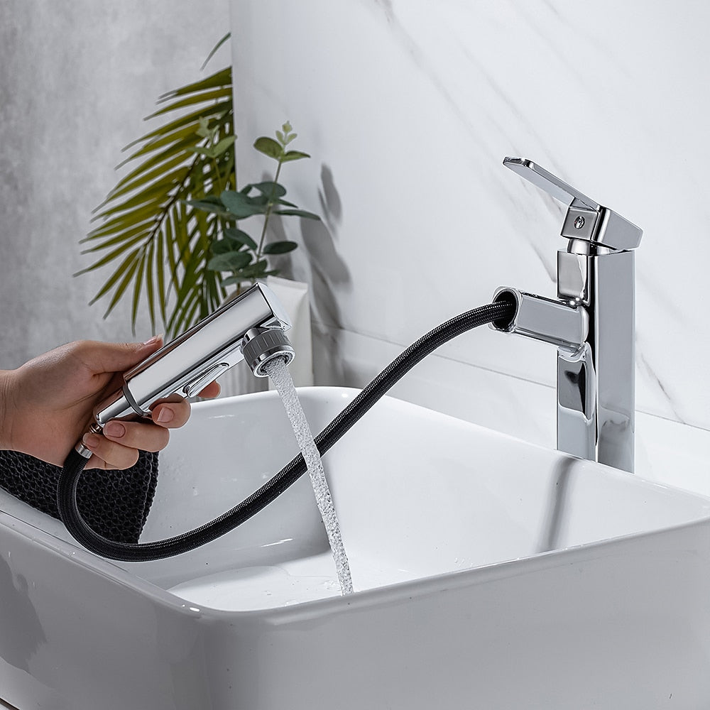 Pull-Out Single-Hole Brass Bathroom Faucet, Upward Fountain Spout Faucet, Chrome / Matte Black / Brushed Gold / Gunmetal