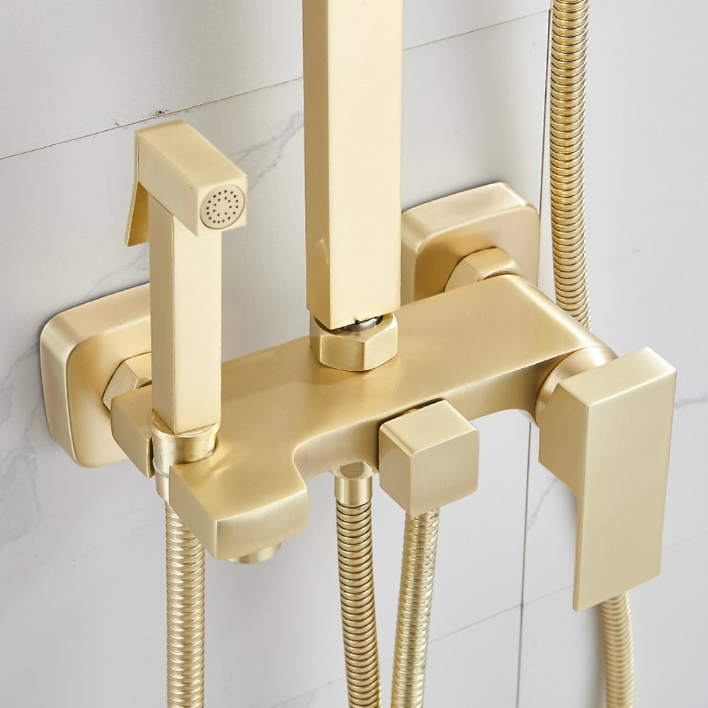 Brushed Gold Wall-Mounted Rainfall Shower System, Handheld Shower / Tub Spout Faucet