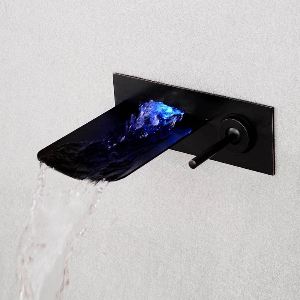 LED Waterfall Bathroom Faucet, Wall-Mount Single-Handle Brass Faucet, Brushed Gold / Matte Black / Oil-Rubbed Bronze