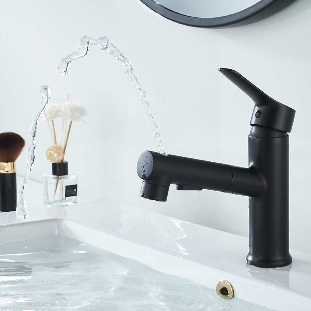 Modern Pull-Out Spray Bathroom Faucet, Single-Handle Brass Faucet, Matte Black / Chrome