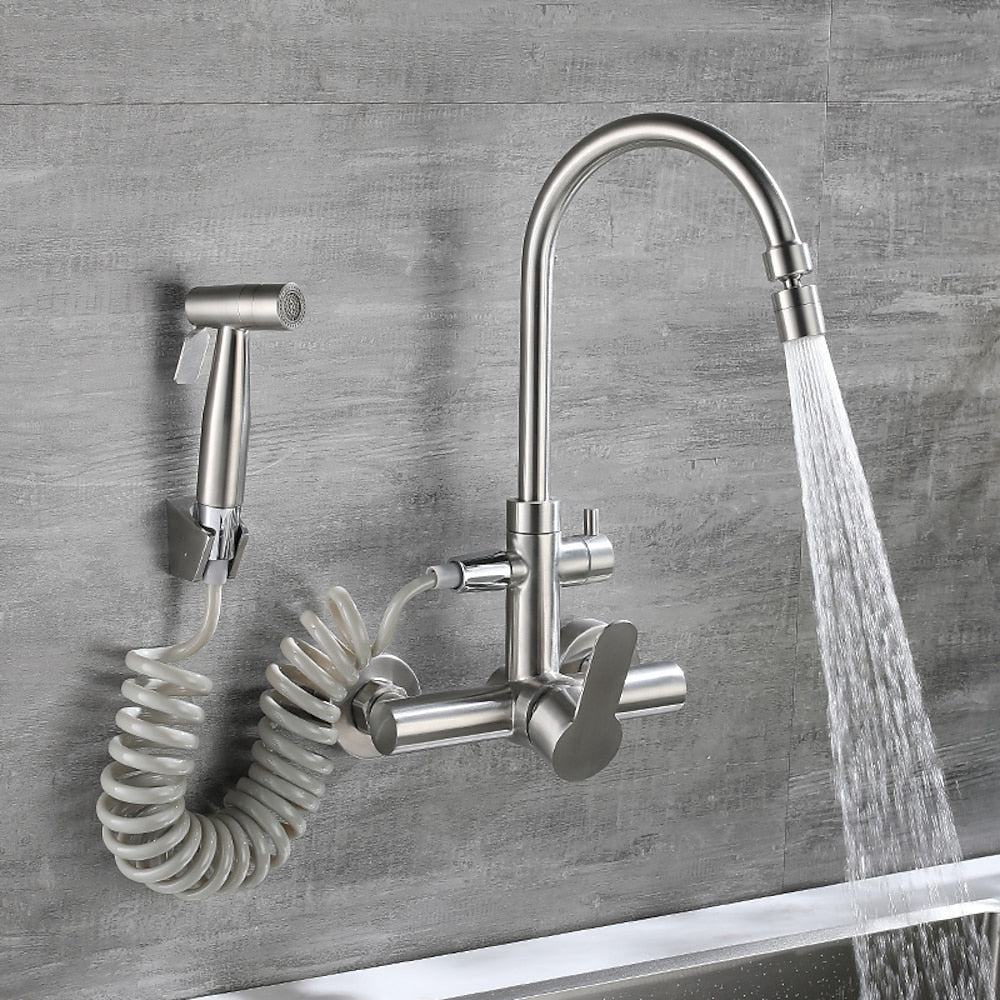 Brushed Nickel Modern Wall-Mount Kitchen Faucet, Dual-Hole Single-Handle Faucet with Handheld Bidet Sprayer