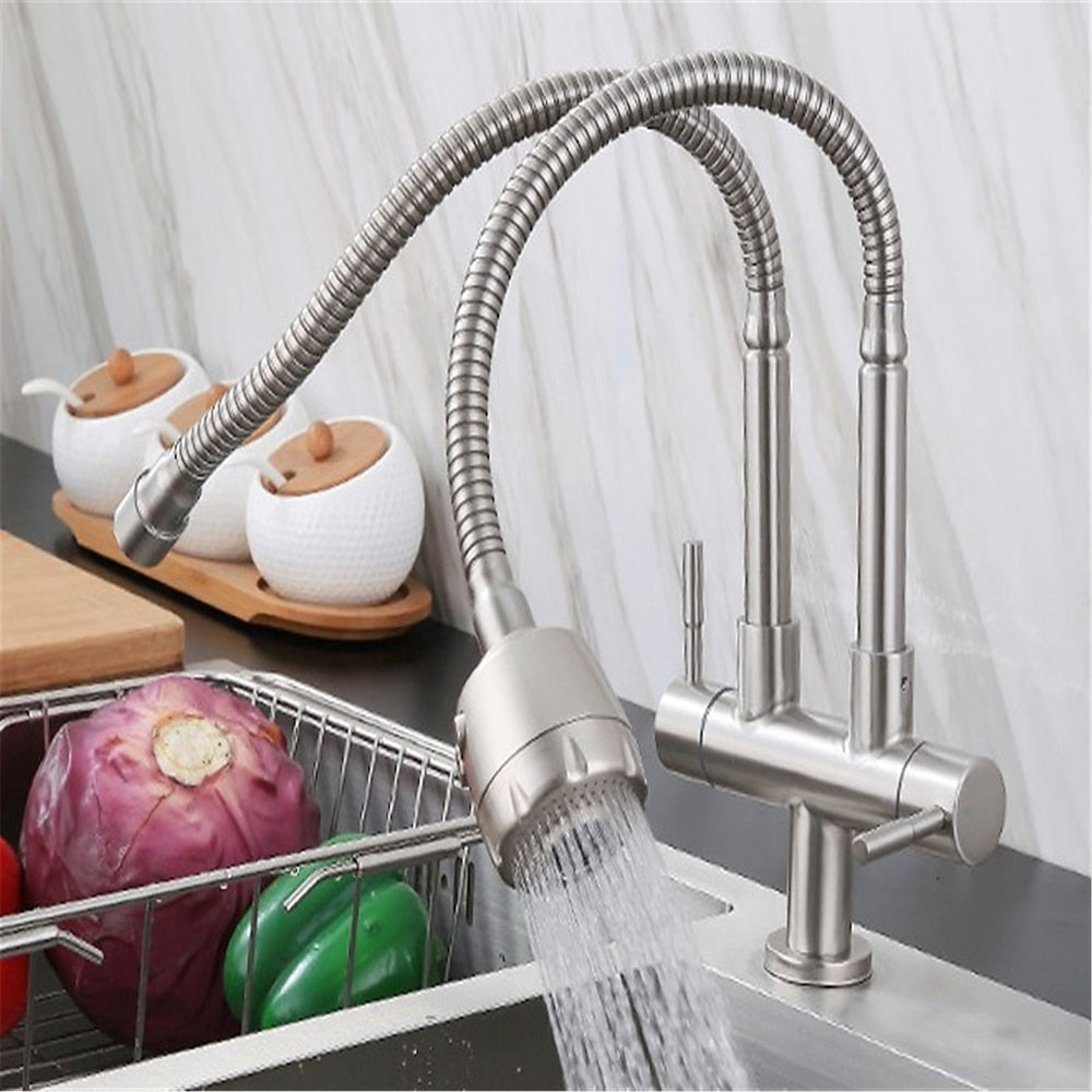 Stainless Steel Dual Spout Kitchen Faucet, Double-Handle Single-Hole Faucet