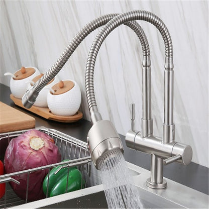 Stainless Steel Dual Spout Kitchen Faucet, Double-Handle Single-Hole Faucet