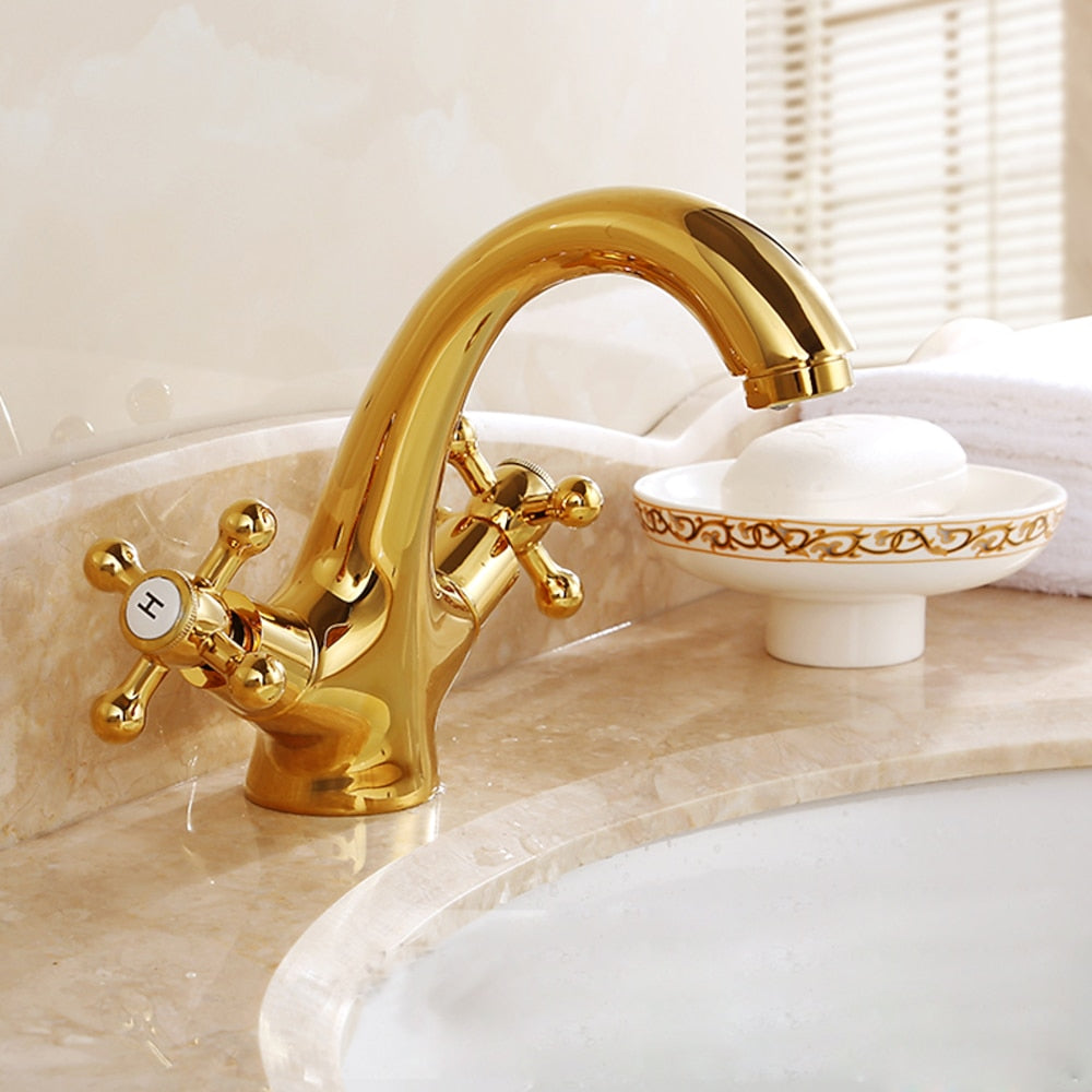 Vintage Single-Hole Bathroom Faucet, Dual Cross Handle Brass Faucet