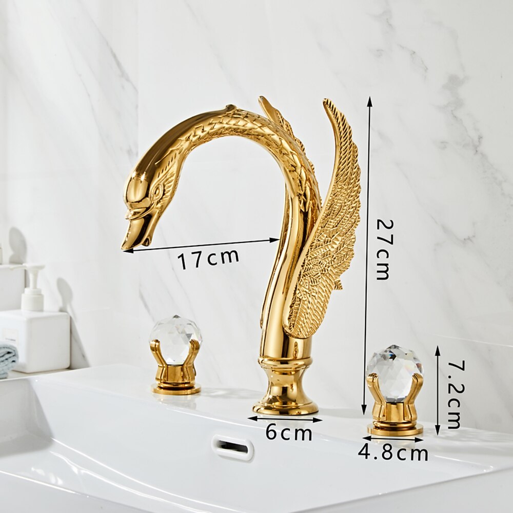 Swan-Shaped Widespread Bathroom Faucet, Double-Handle Brass Basin Faucet with Crystal Knob Handles, Antique Brass / Polished Gold / Chrome / Matte Black