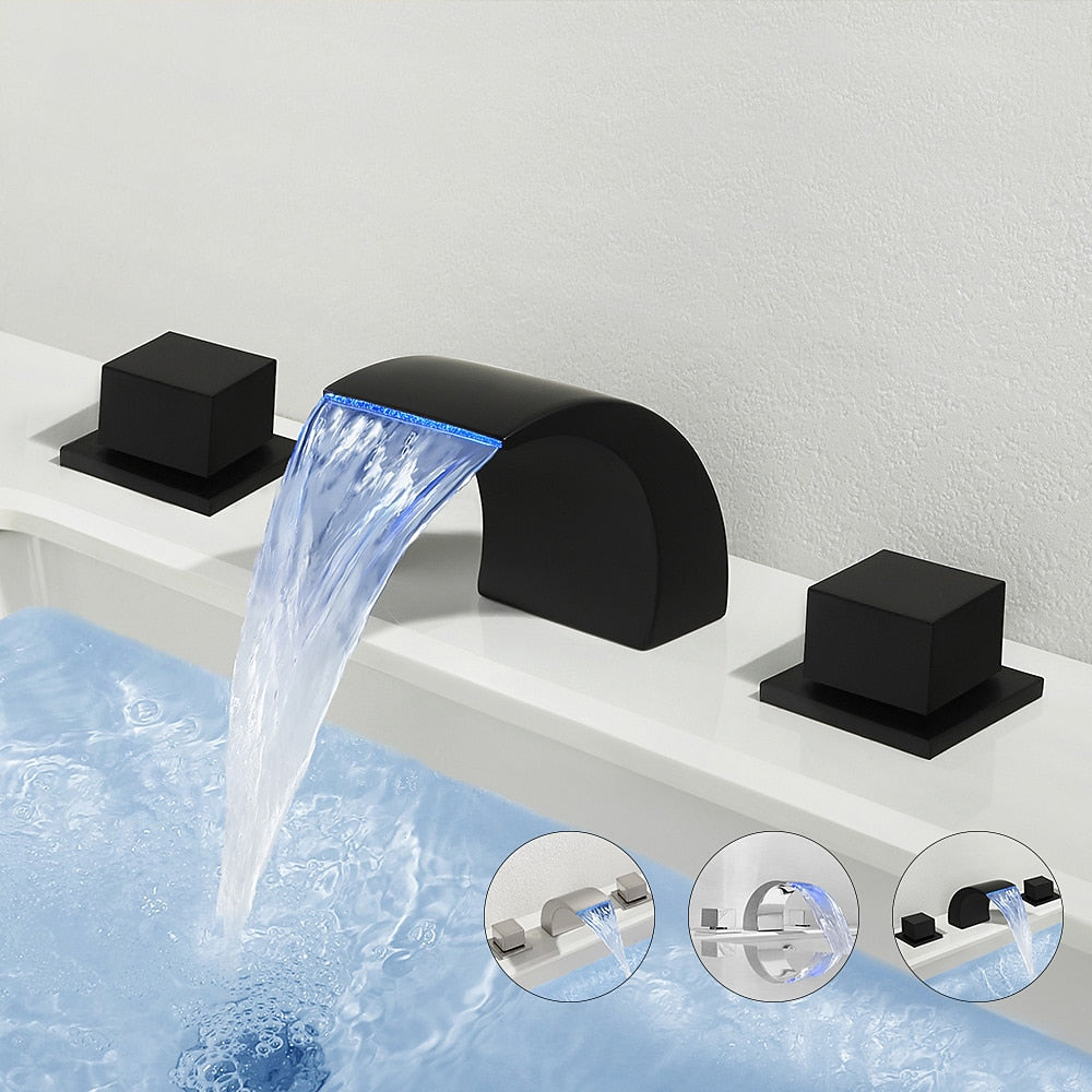 LED Waterfall Bathroom Faucet, Widespread Double-Handle Brass Faucet, Matte Black / Brushed Nickel / Chrome