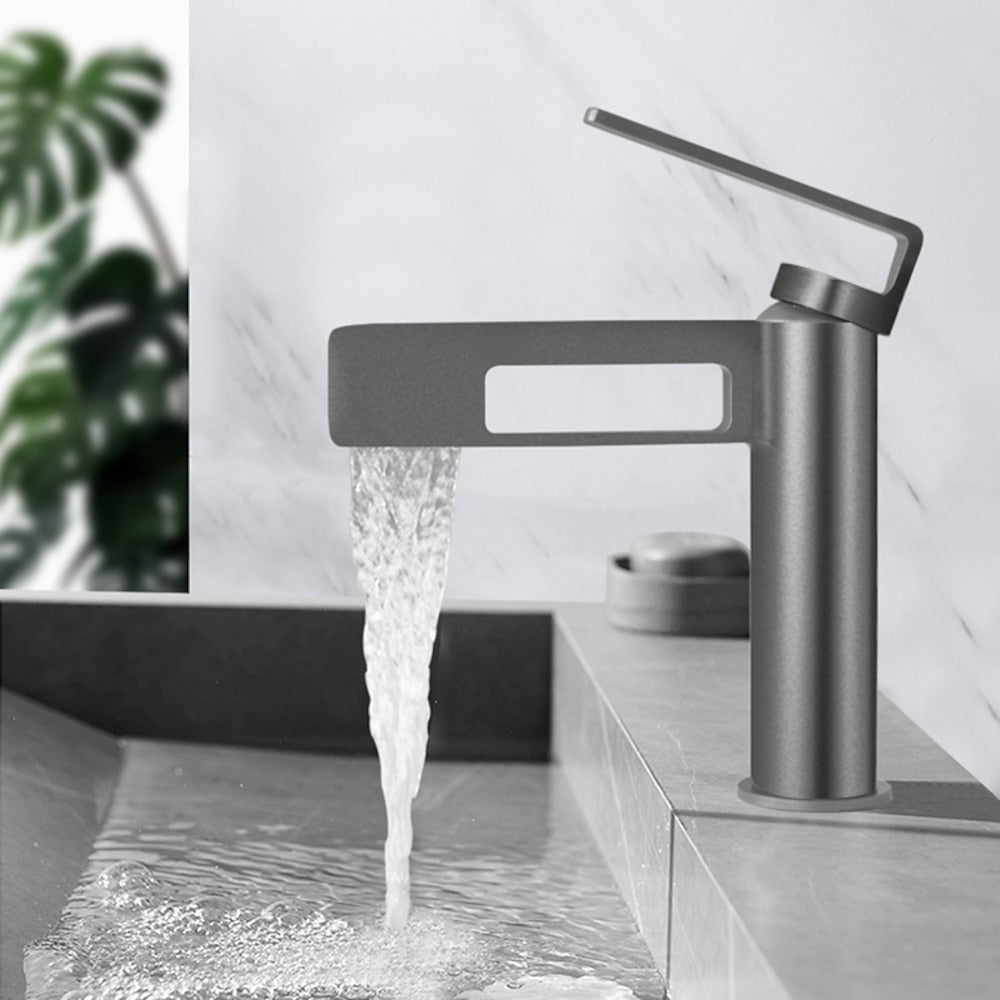 Modern Waterfall Bathroom Sink Faucet, Single-Handle Single-Hole Brass Faucet, Matte Black / Brushed Gold / Gunmetal / Chrome / Matte White