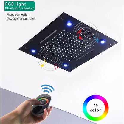 LED Waterfall Bluetooth Speaker Ceiling Shower Head, Rainfall Multi-Mode Showerhead, Matte Black / Chrome
