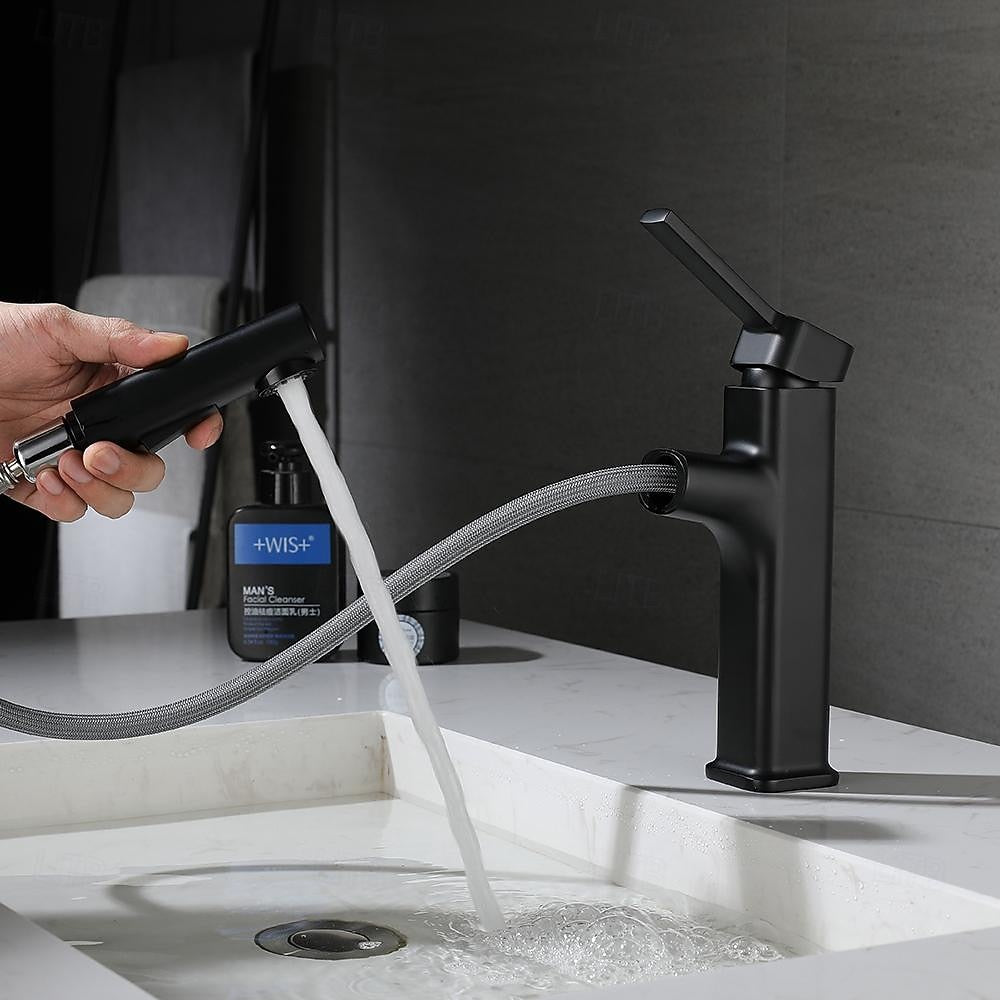 Modern Pull-Out Single-Hole Bathroom Faucet, Single-Handle Basin Faucet, Chrome / Matte Black / Brushed Gold / Gunmetal