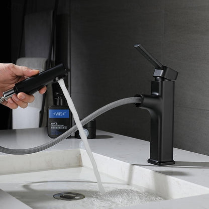 Modern Pull-Out Single-Hole Bathroom Faucet, Single-Handle Basin Faucet, Chrome / Matte Black / Brushed Gold / Gunmetal