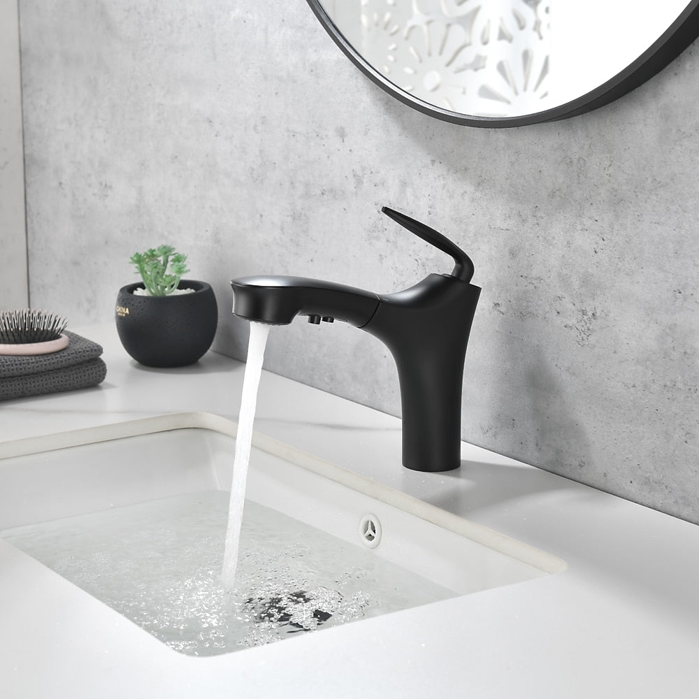 Pull-Out Single-Hole Bathroom Faucet, Single-Handle Brass Faucet, Brushed Gold / Matte Black / Matte White / Chrome / Gunmetal