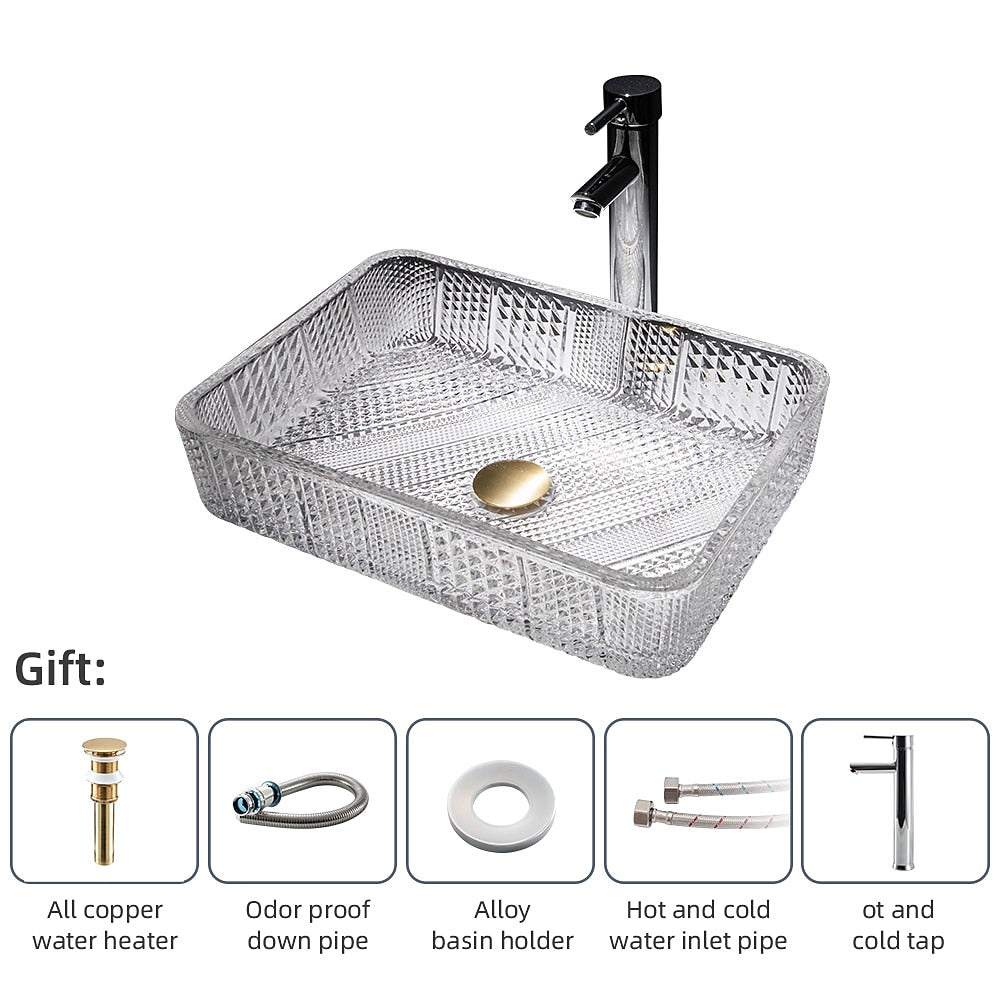 Transparent Rectangular Glass Vessel Sink, Single-Handle Chrome Faucet / Gold Pop-Up Drain Vessel Sink Set