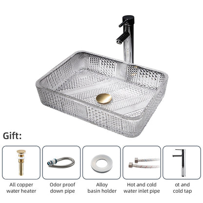 Transparent Rectangular Glass Vessel Sink, Single-Handle Chrome Faucet / Gold Pop-Up Drain Vessel Sink Set