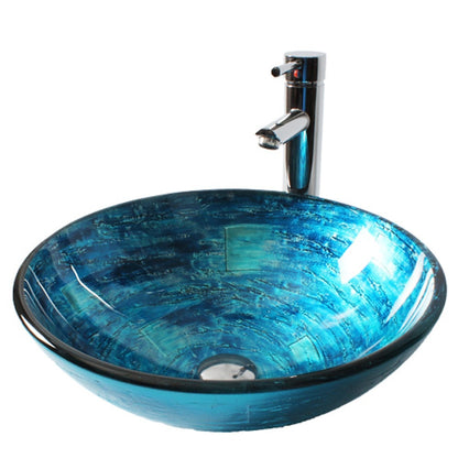 Contemporary Blue Tempered Glass Vessel Sink, Faucet Combo, Round Single-Hole Bathroom Vanity Basin with Chrome Drain Assembly