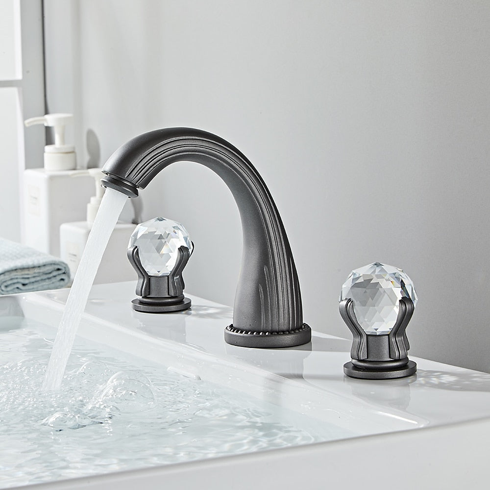 Modern Widespread Bathroom Faucet with Crystal Knob Handles, 3-Hole Double-Handle Brass Basin Mixer Tap, Antique Brass / Brushed Gold / Chrome / Matte Black / Rose Gold / Gunmetal / PVD