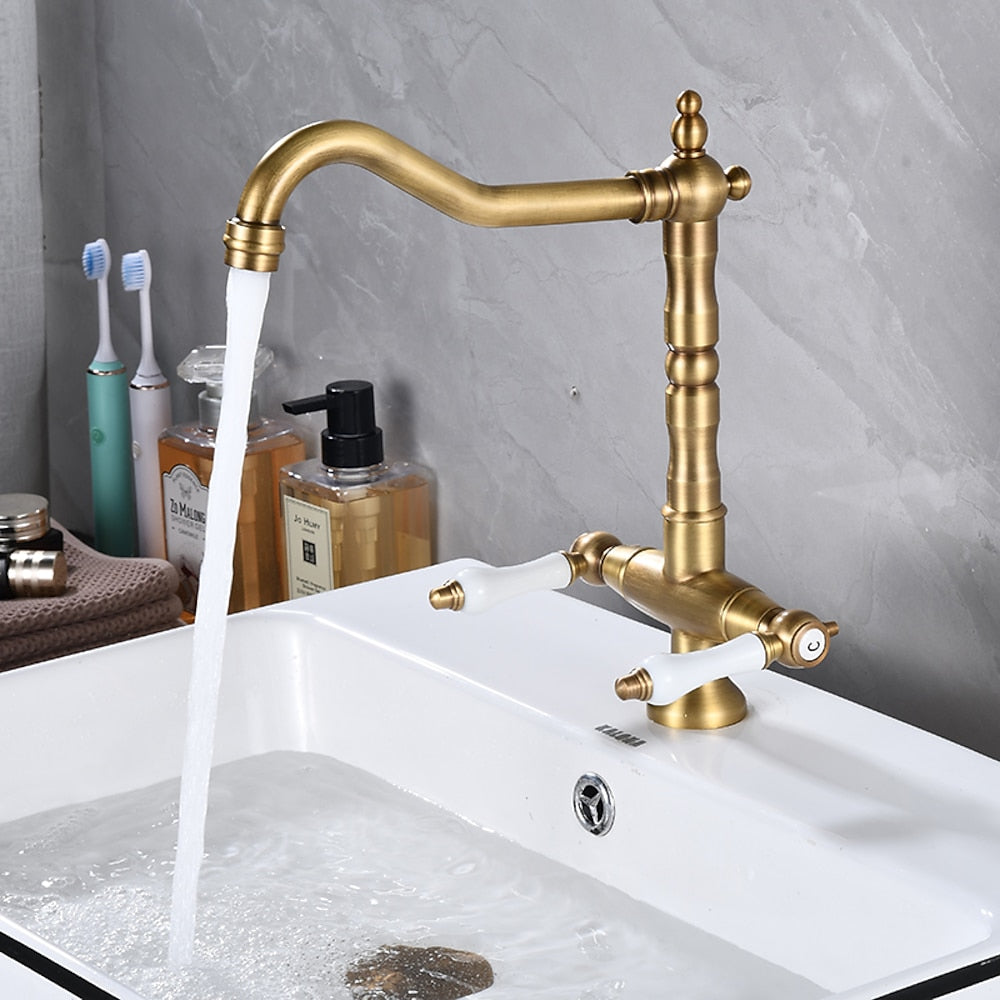 Antique Single-Hole Bathroom Faucet, Dual Ceramic Handle Swivel Spout Faucet, Antique Brass / Brushed Nickel / Chrome / Matte Black / Polished Gold