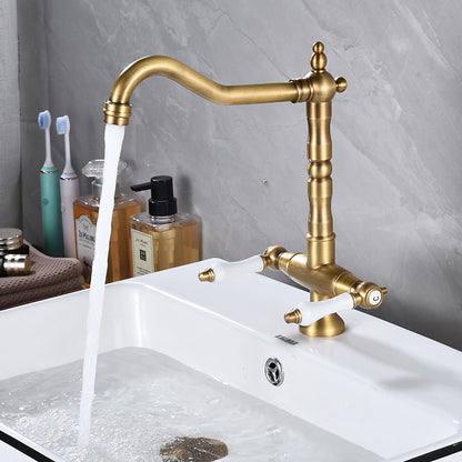 Antique Single-Hole Bathroom Faucet, Dual Ceramic Handle Swivel Spout Faucet, Antique Brass / Brushed Nickel / Chrome / Matte Black / Polished Gold