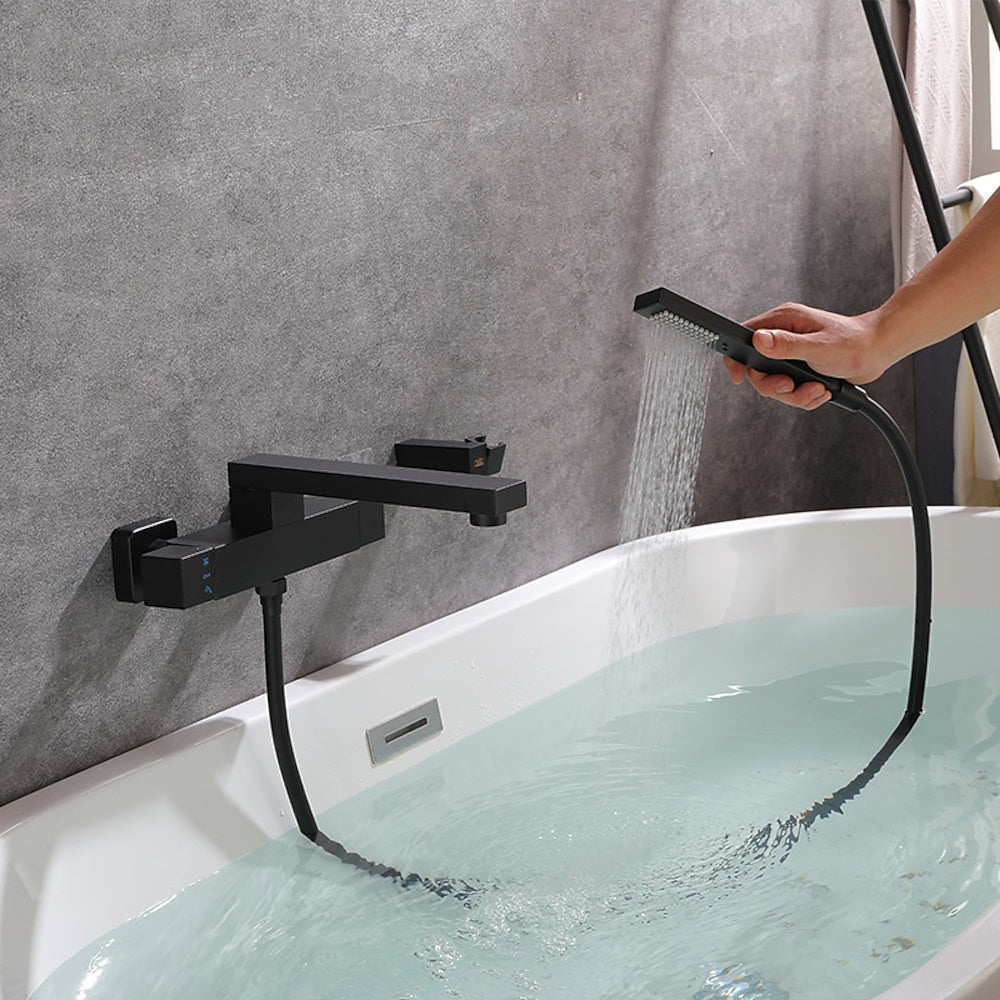 Matte Black Thermostatic Wall-Mount Bathtub Faucet, Dual-Handle Brass Tub Filler with Handheld Shower