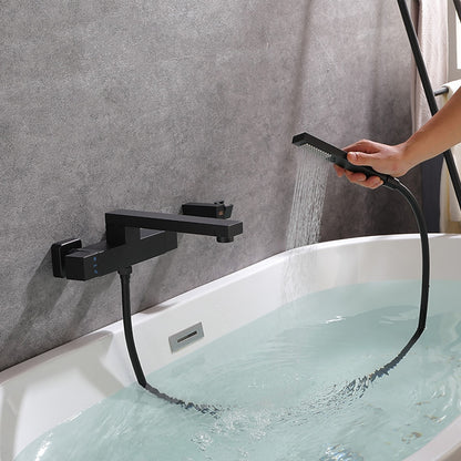Matte Black Thermostatic Wall-Mount Bathtub Faucet, Dual-Handle Brass Tub Filler with Handheld Shower