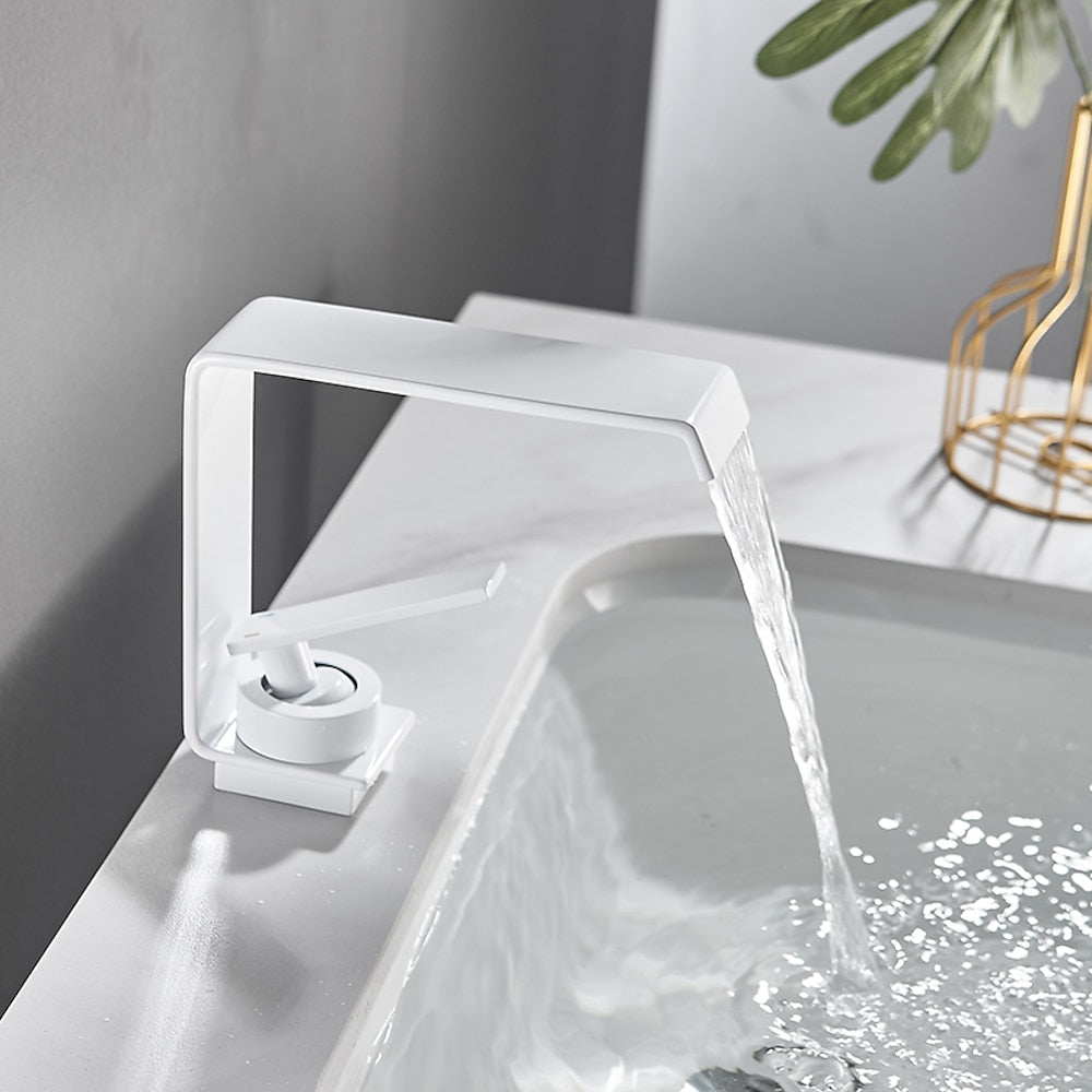 Modern Waterfall Bathroom Faucet, Single-Handle Single-Hole Brass Faucet, Matte Black / Chrome / Matte White