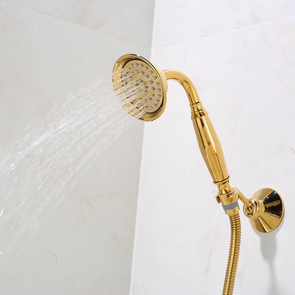 Polished Gold Swan Wall-Mount Bathtub Faucet, Vintage Dual-Handle Brass Tub Mixer with Handheld Shower