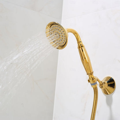 Polished Gold Swan Wall-Mount Bathtub Faucet, Vintage Dual-Handle Brass Tub Mixer with Handheld Shower
