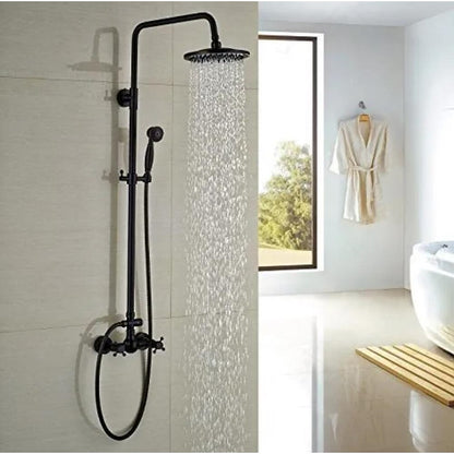 Oil-Rubbed Bronze Antique Rainfall Shower System, Wall-Mounted Brass Dual-Handle Shower Faucet with Handheld Shower