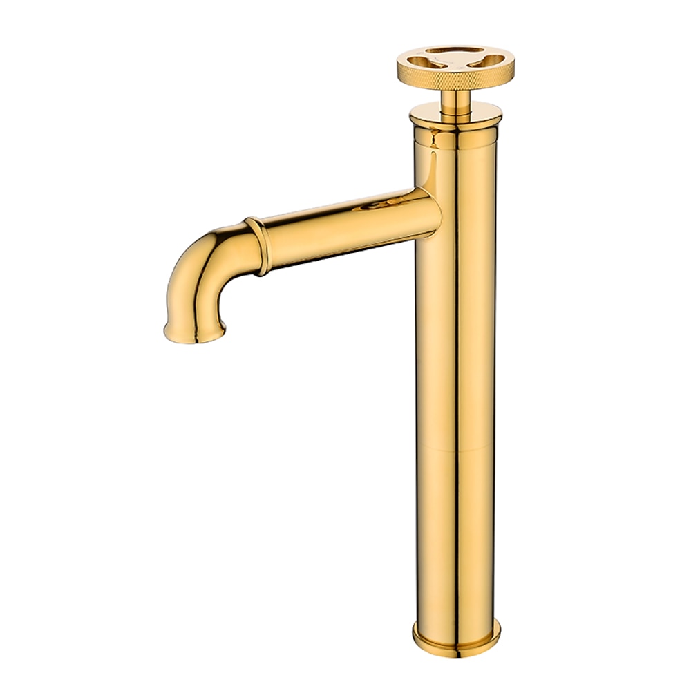 Modern Industrial Vessel Sink Bathroom Faucet, Single-Hole Single-Handle Faucet with Wheel Handle, Polished Gold / Matte Black
