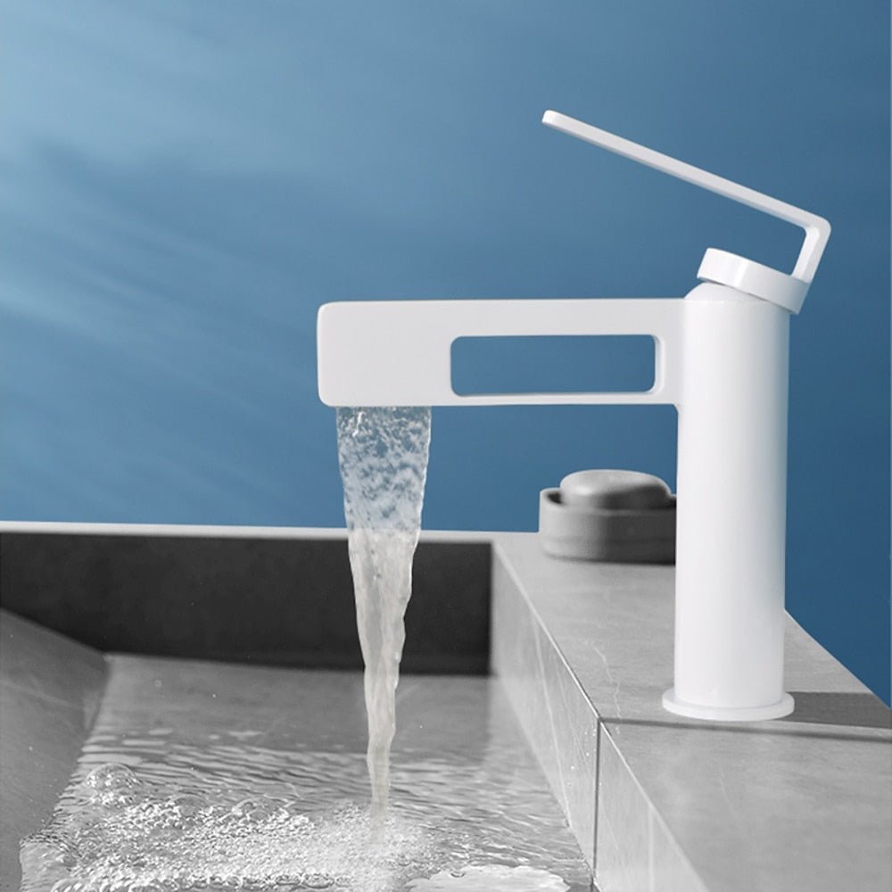 Modern Waterfall Bathroom Sink Faucet, Single-Handle Single-Hole Brass Faucet, Matte Black / Brushed Gold / Gunmetal / Chrome / Matte White
