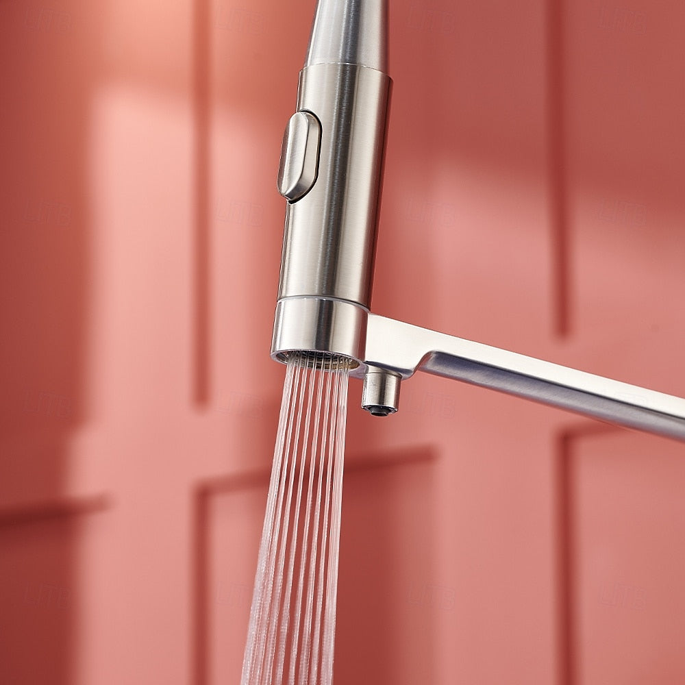 3-in-1 Pull-Down Kitchen Faucet with Drinking Water Spout, Dual-Handle Brass Kitchen Sink Faucet, Chrome / Brushed Gold / Gunmetal