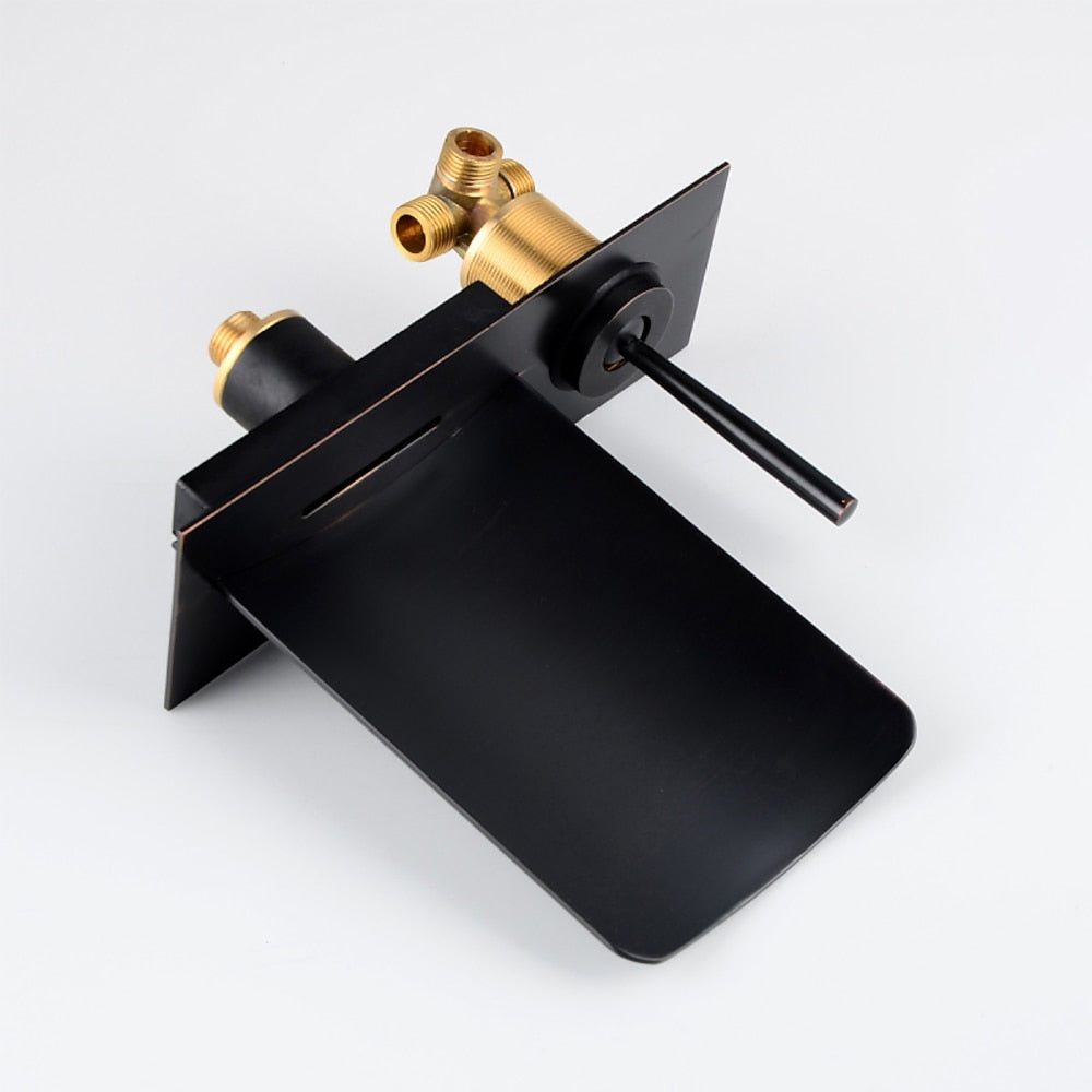 LED Waterfall Bathroom Faucet, Wall-Mount Single-Handle Brass Faucet, Brushed Gold / Matte Black / Oil-Rubbed Bronze