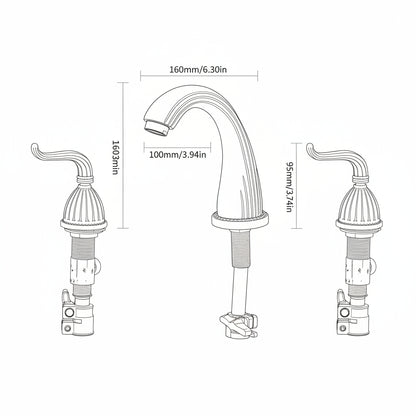 Bronze faucet with measurements on a white background