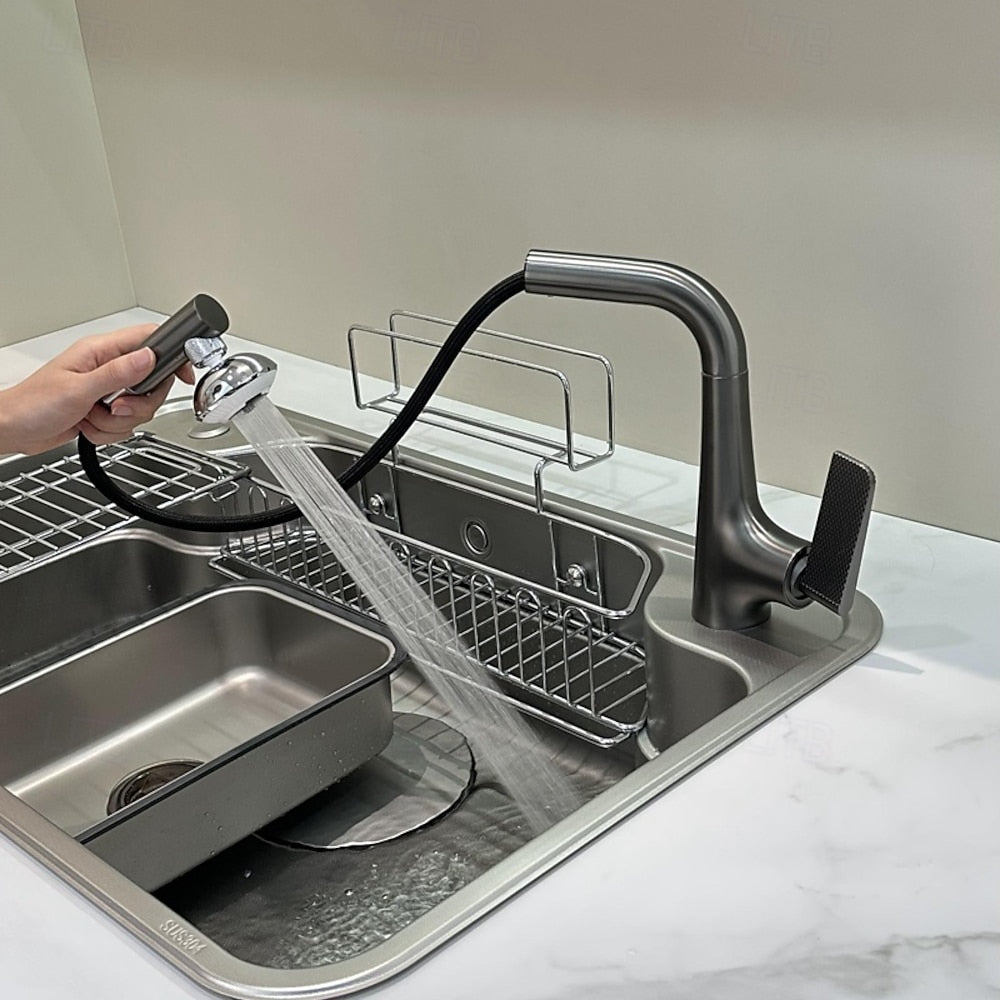 Modern Single-Hole Pull-Out Kitchen Faucet, Single-Handle Multi-Function Faucet, Gray / Silver / White / Multi