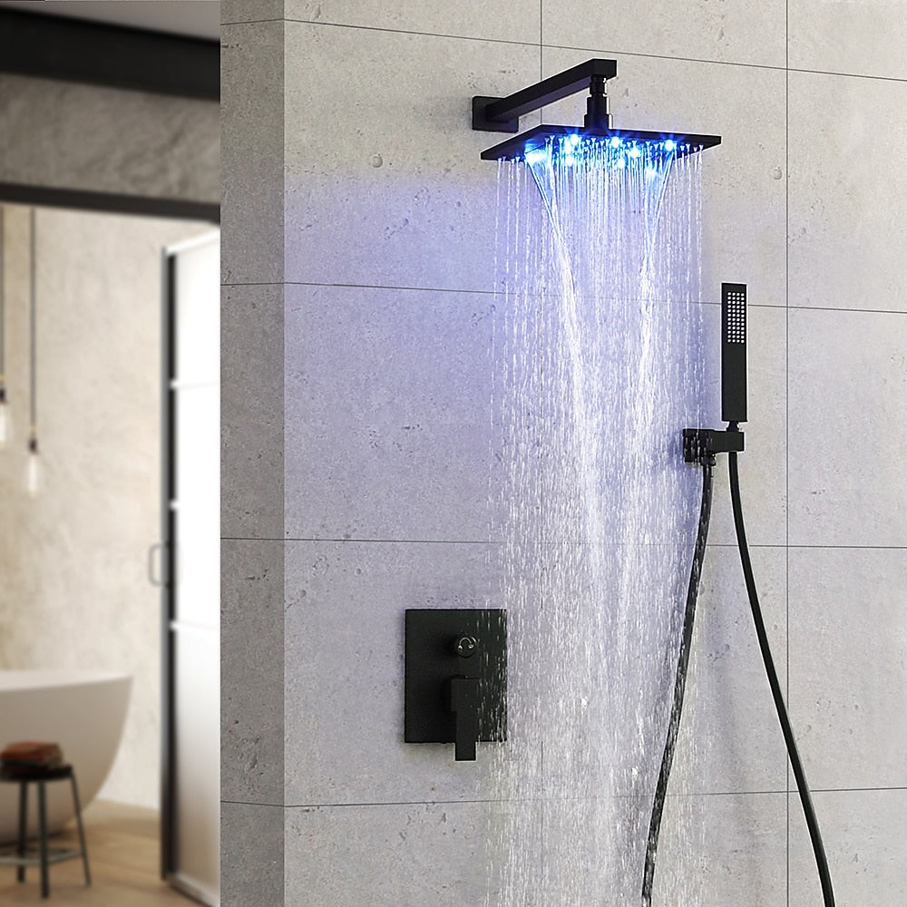 LED Rainfall Shower Faucet System, Wall-Mount Single-Handle Shower Faucet with Handheld Shower, Matte Black / Chrome