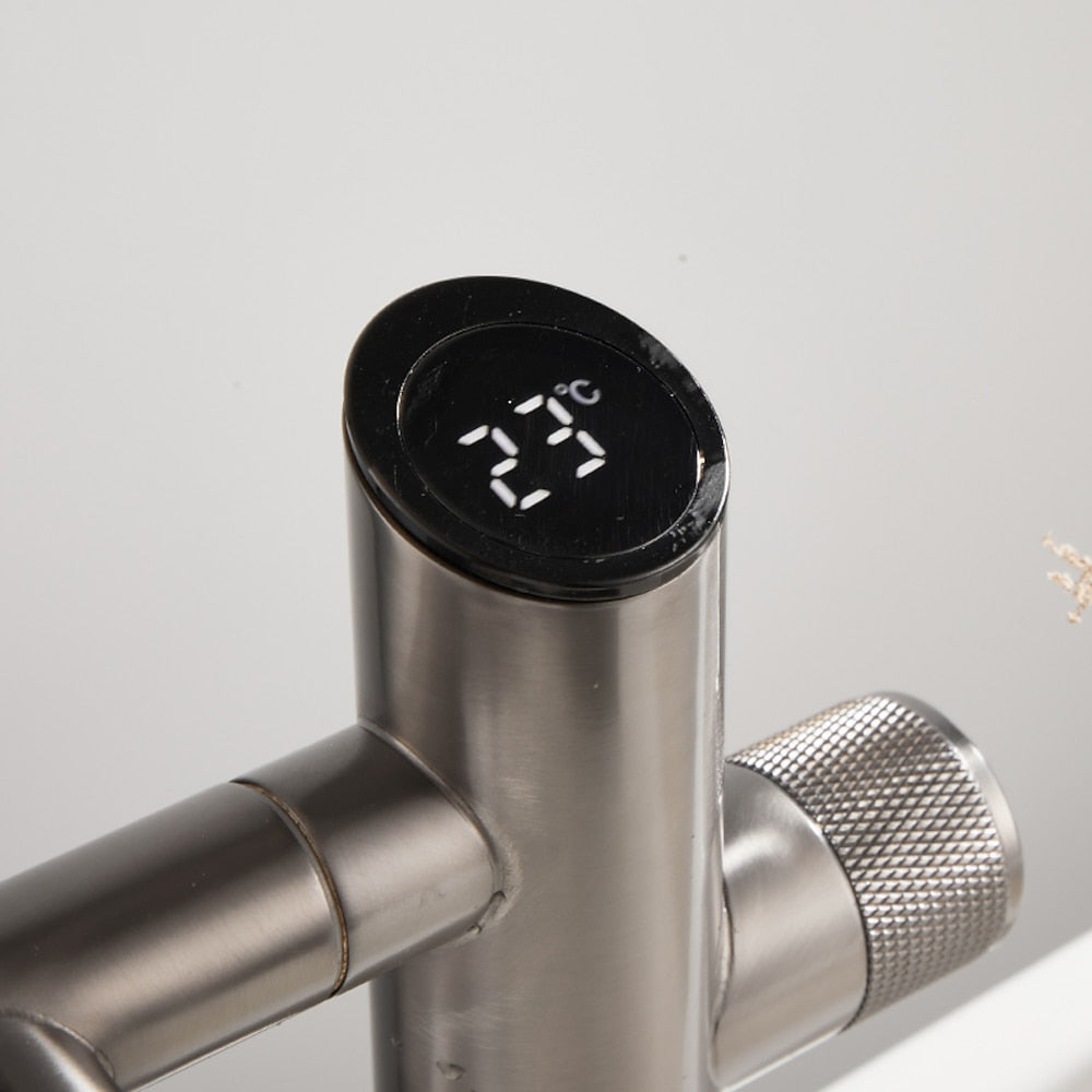 LED Digital Display Single-Hole Single-Handle Bathroom Faucet, Swivel Spout Brass Faucet, Matte Black / Matte White / Gunmetal