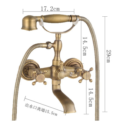 Antique Brass Wall-Mount Bathtub Faucet, Dual-Handle Tub Filler Faucet with Handshower