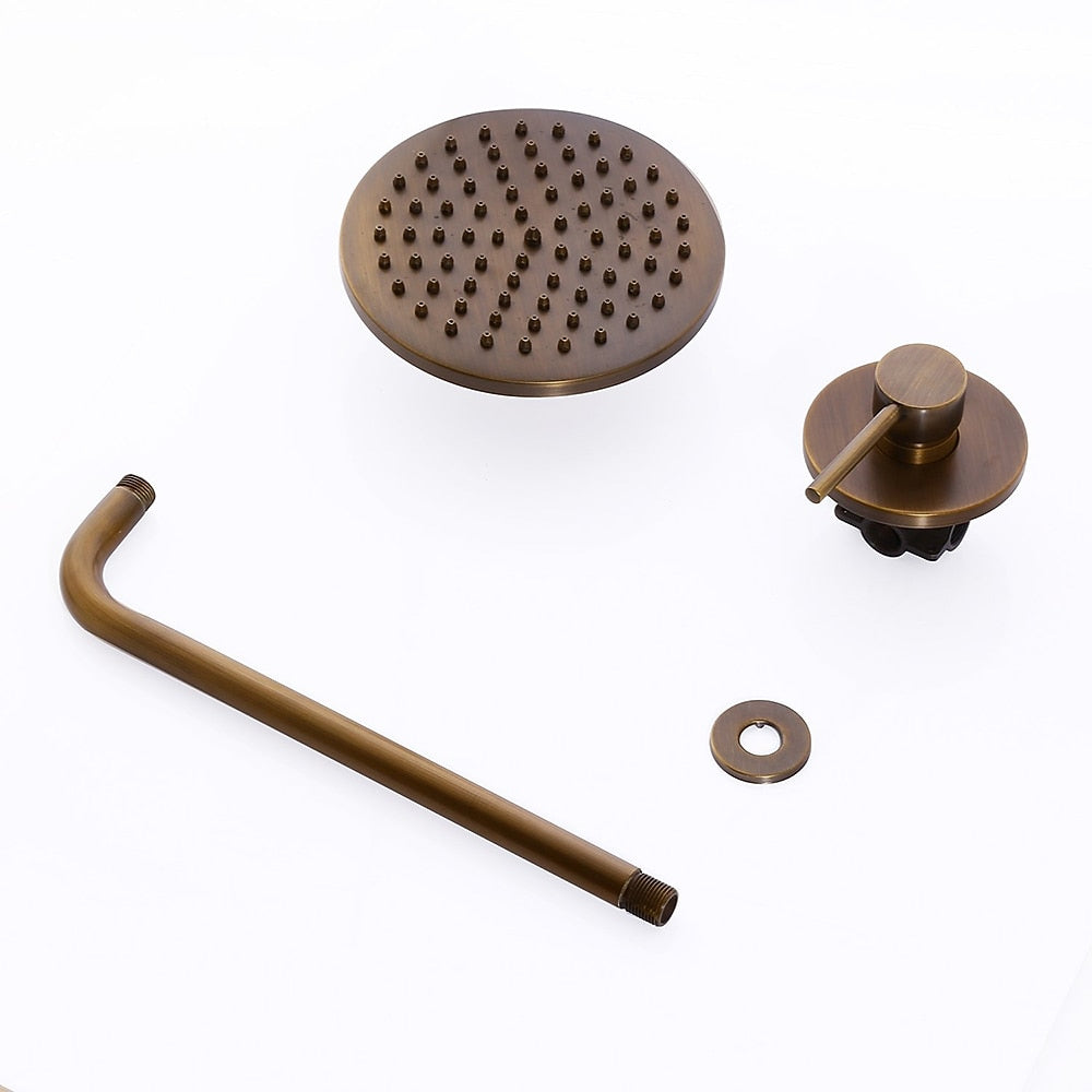 Rainfall Antique Brass Shower Faucet, Wall-Mount Single-Handle Shower System with Rough-In Valve / Floor Drain