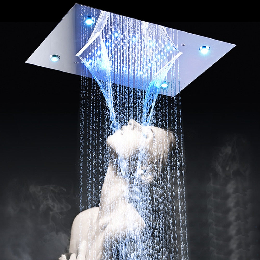 Modern LED Rainfall Waterfall Shower Head, Ceiling-Mounted Stainless Steel Chrome Shower Head with Bluetooth Speaker