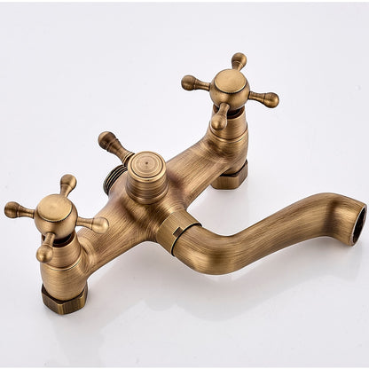 Antique Brass Wall-Mount Bathtub Faucet, Dual-Handle Tub Filler Faucet with Handshower