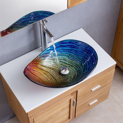 Modern Boat-Shape Tempered Glass Vessel Sink Faucet Combo, Vessel Sink Faucet Combo with Pop-Up Drain, Multi- / Gold / Bronze / Copper / Silver