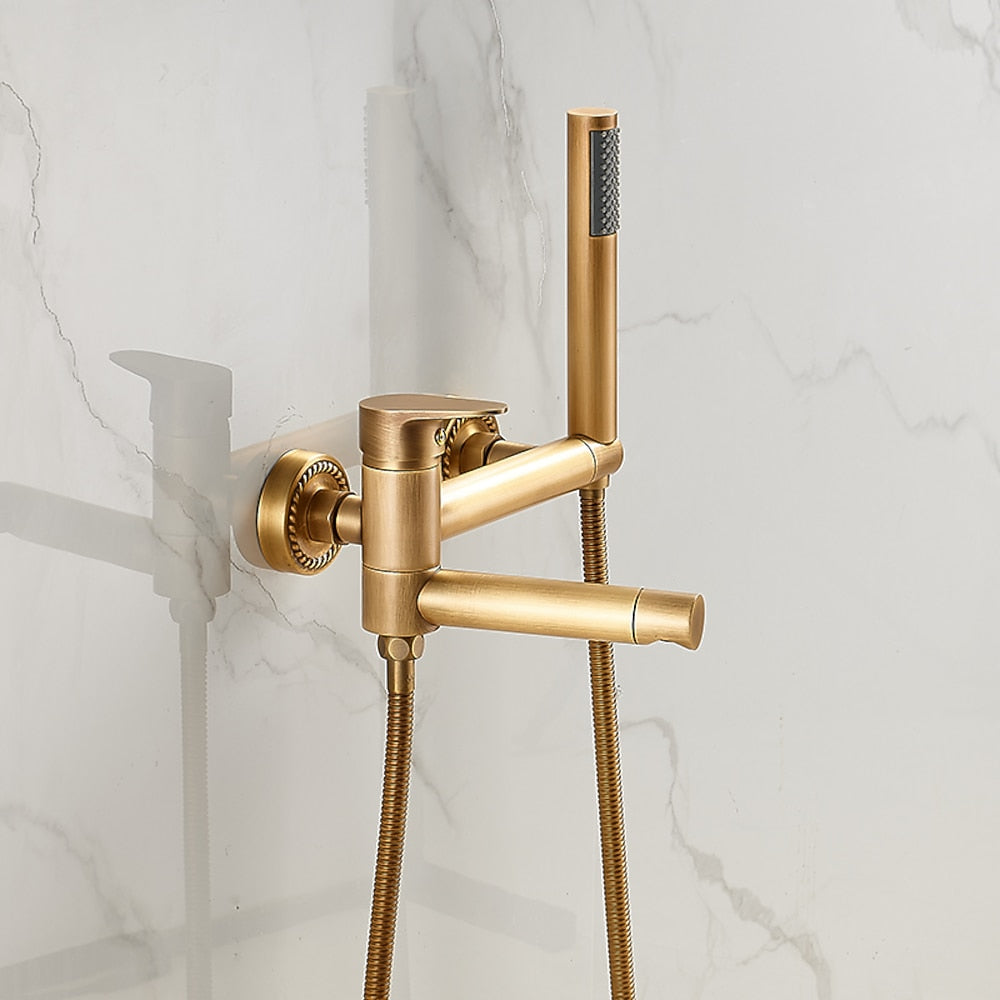 Wall-Mount Bathtub Faucet with Handheld Shower, Vintage Single-Handle Tub Filler, Antique Brass / Rustic Nickel