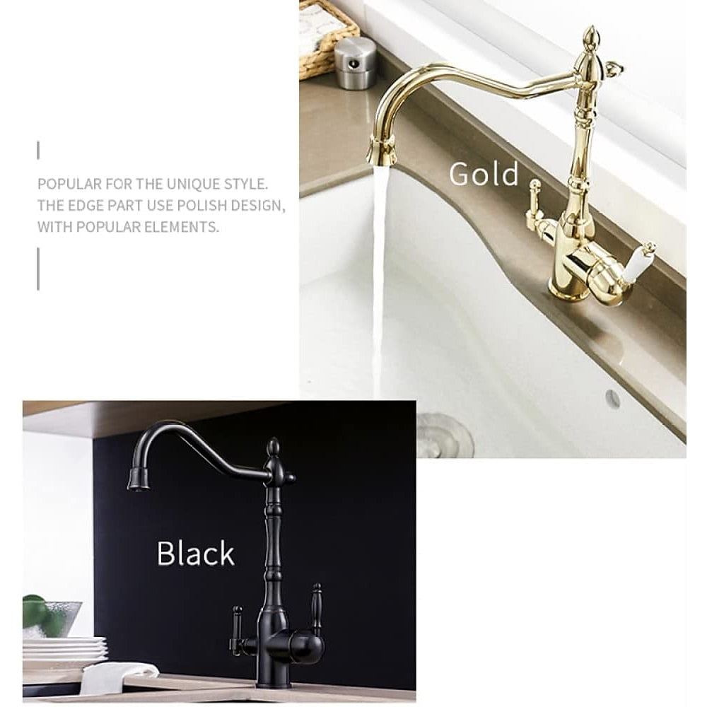 Traditional Brass 3-Way Purified Water Kitchen Faucet, Dual-Handle Swivel Spout Faucet, Antique Brass / Chrome / Matte Black / Polished Gold