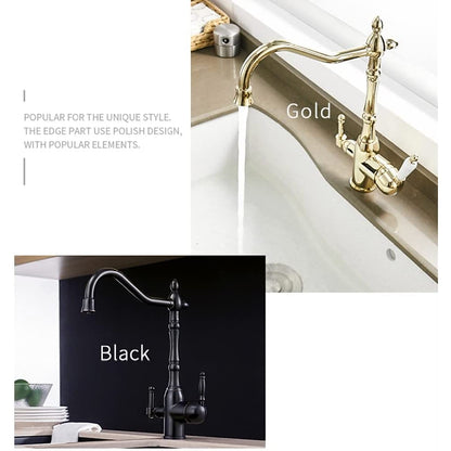 Traditional Brass 3-Way Purified Water Kitchen Faucet, Dual-Handle Swivel Spout Faucet, Antique Brass / Chrome / Matte Black / Polished Gold