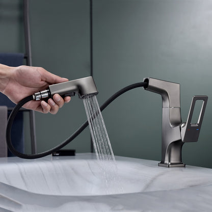 Liftable Pull-Out Bathroom Sink Faucet, Single-Handle Single-Hole Brass Faucet with Water Supply Lines, Matte Black / Chrome / Matte White / Gunmetal