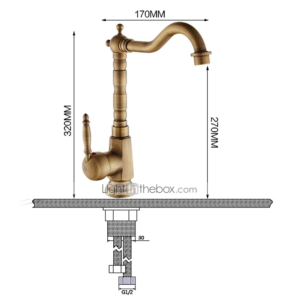 Antique Brass Retro Kitchen Faucet, Single-Handle Swivel Spout Faucet
