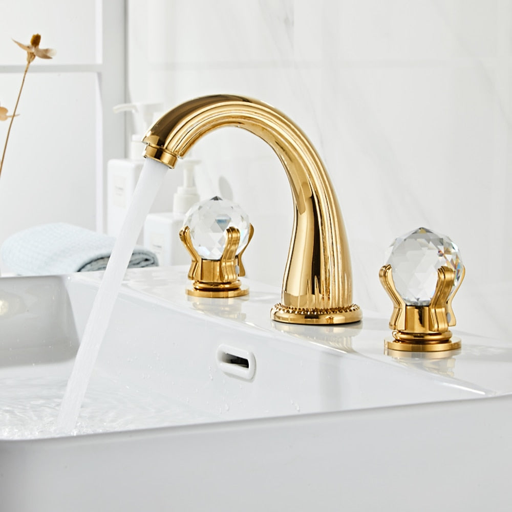 Modern Widespread Bathroom Faucet with Crystal Knob Handles, 3-Hole Double-Handle Brass Basin Mixer Tap, Antique Brass / Brushed Gold / Chrome / Matte Black / Rose Gold / Gunmetal / PVD