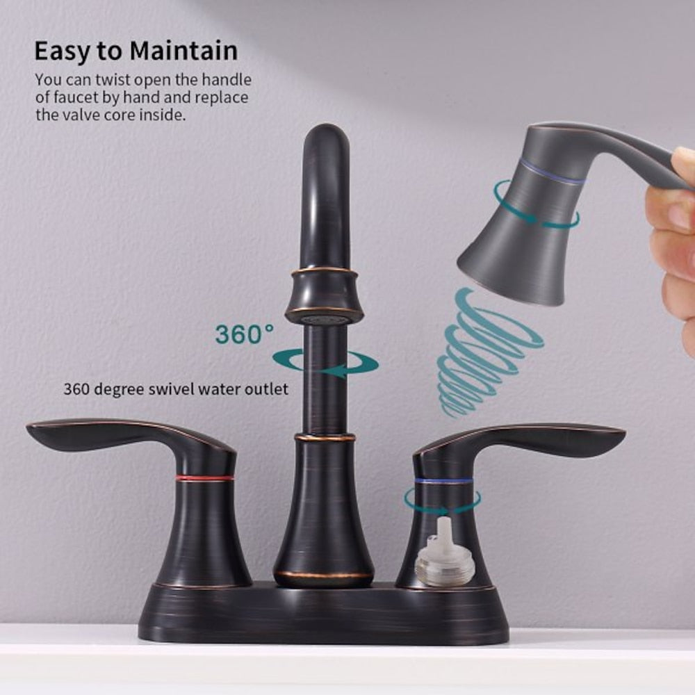 360-Degree Swivel High Arc Bathroom Faucet, 4-Inch Centerset Dual-Handle Vanity Faucet with Pop-Up Drain, Oil-Rubbed Bronze / Brushed Nickel