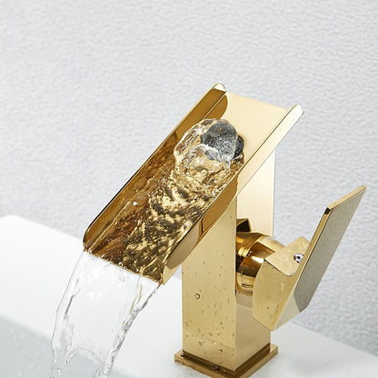 Brushed Gold Waterfall Bathroom Sink Faucet, Modern Single-Hole Single-Handle Faucet